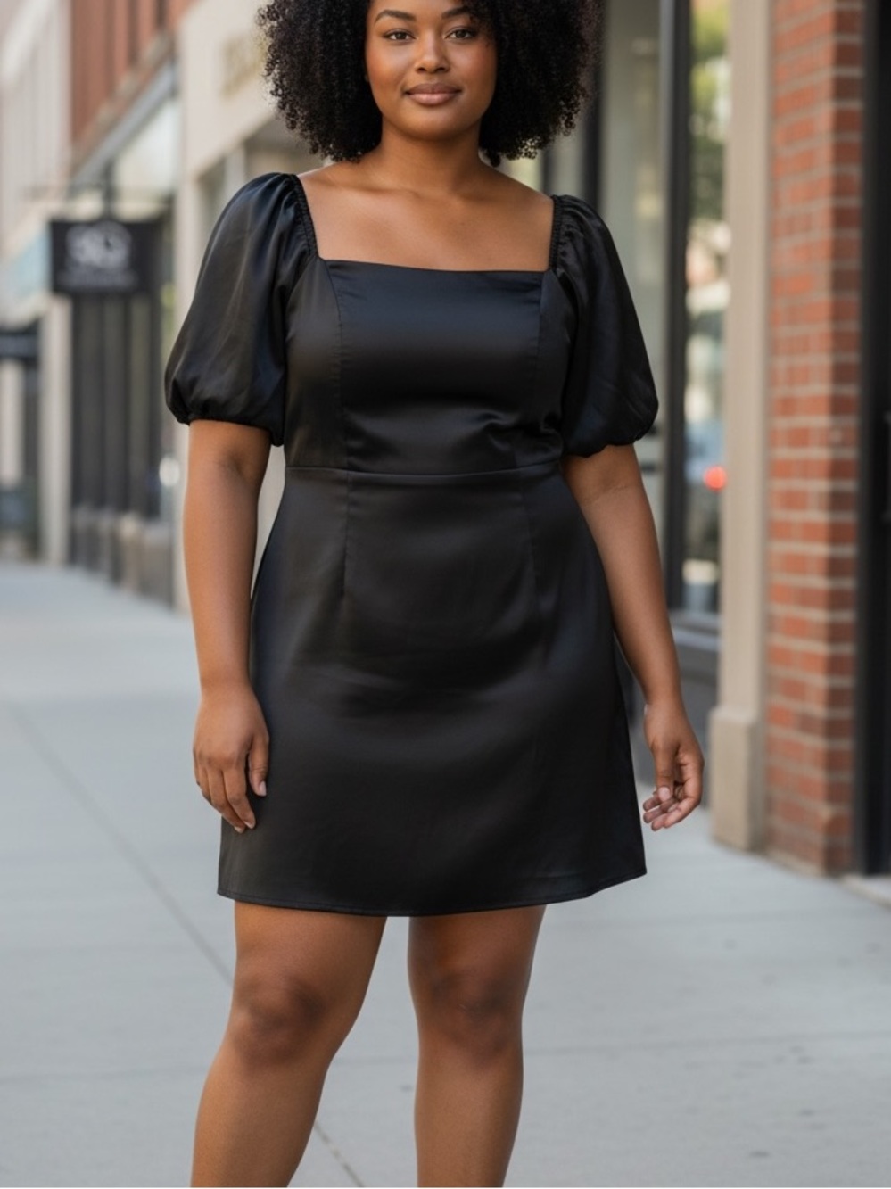 ARULA Black Square-Neck Puff Sleeve Mini Dress